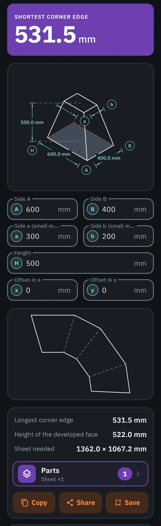 GeoMont screen “Sheet metal · Hopper”, dark theme: a hopper drawn in perspective with its dimensions, and the result, shortest corner edge.