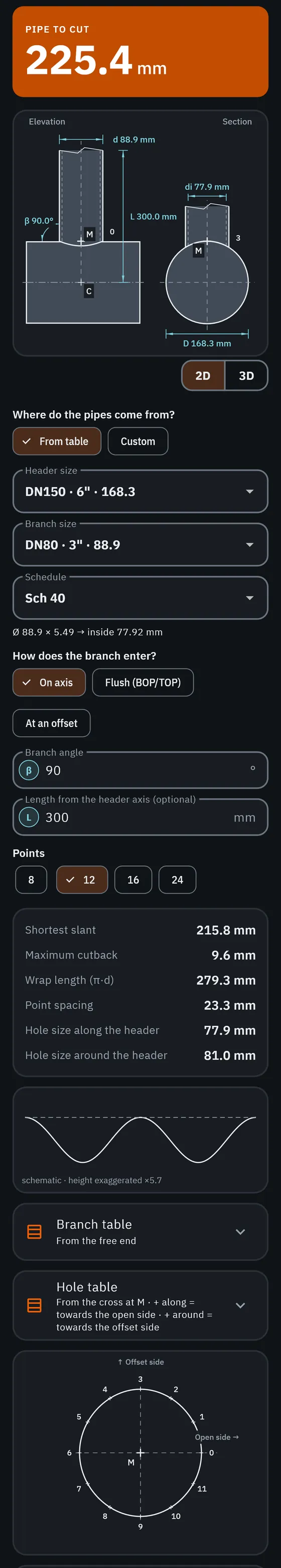 GeoMont screen “Branches · Pipe to pipe”, dark theme: elevation and section of a branch on a header, with their dimensions, and the result, pipe to cut.