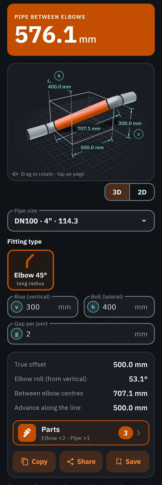 GeoMont screen “Pipework · Rolled elbow”, dark theme: a pipe between two 45° elbows in a 3D box with its dimensions, and the result, pipe between elbows.