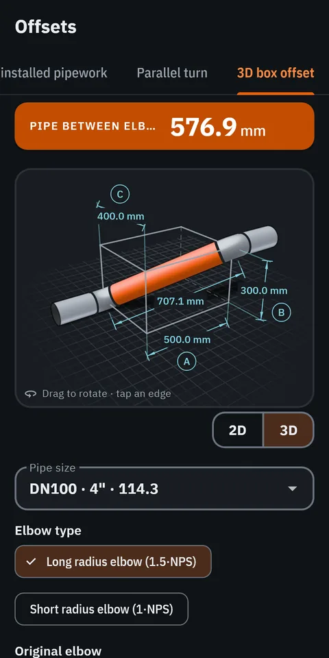 GeoMont screen “Offsets · 3D box offset”, dark theme: the 3D view of an offset inside its box, with its three dimensions.