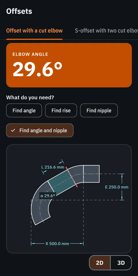 GeoMont screen “Offsets · Offset with a cut elbow”, dark theme: an offset made with a cut elbow, drawn with its angle, its nipple, its rise and its advance, and the result, elbow angle.