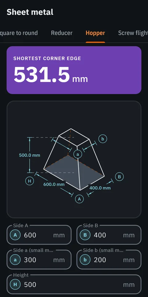 GeoMont screen “Sheet metal · Hopper”, dark theme: a hopper drawn in perspective with its dimensions, and the result, shortest corner edge.