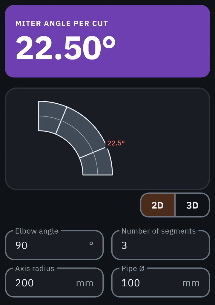 GeoMont screen “Sheet metal · Elbow”, dark theme, with 3 segments: the miter angle per cut, the elbow drawn with its segments and the fields with the values.