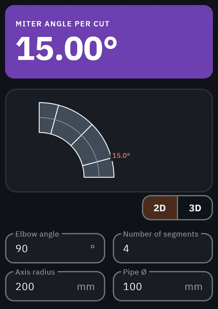 GeoMont screen “Sheet metal · Elbow”, dark theme, with 4 segments: the miter angle per cut, the elbow drawn with its segments and the fields with the values.