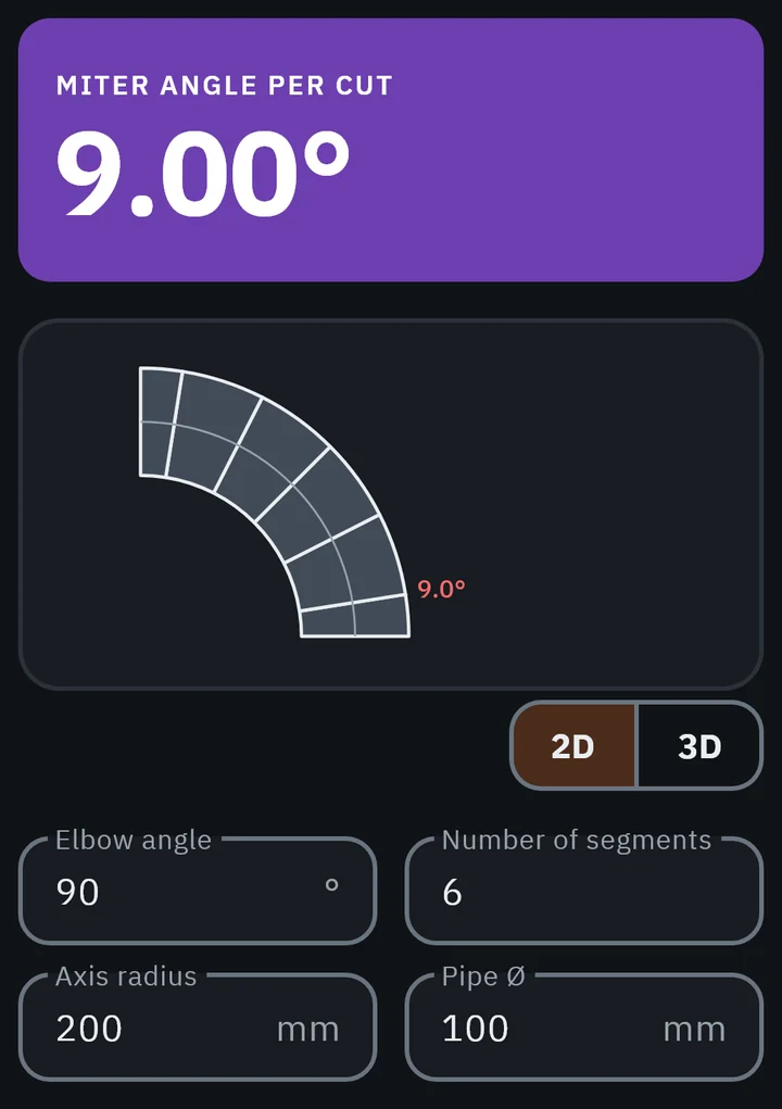 GeoMont screen “Sheet metal · Elbow”, dark theme, with 6 segments: the miter angle per cut, the elbow drawn with its segments and the fields with the values.