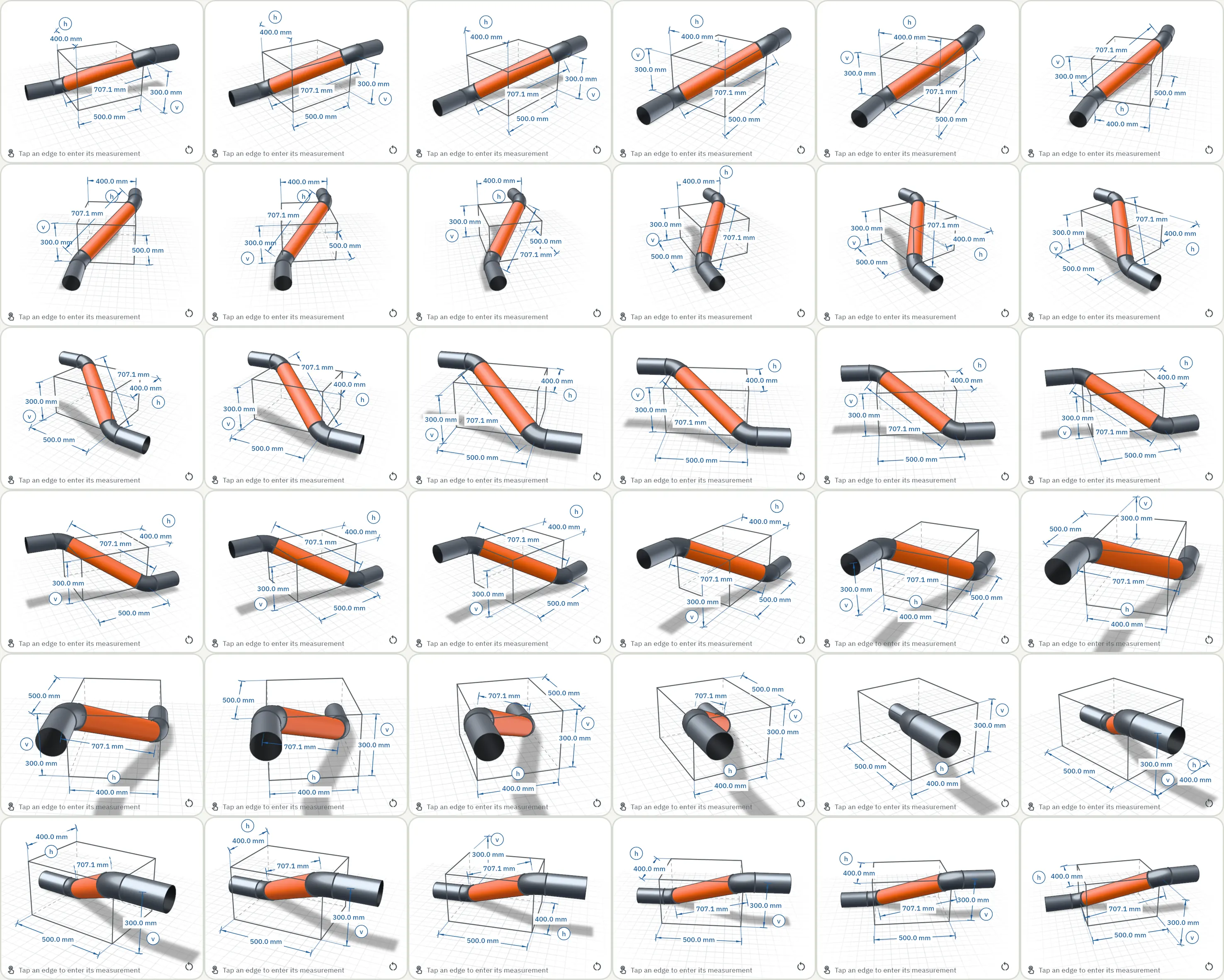 The 3D view of GeoMont in “Pipework · Rolled elbow”: a pipe between two 45° elbows inside a box, with the rise, the roll and the length of the pipe dimensioned. On the page it turns a full circle.