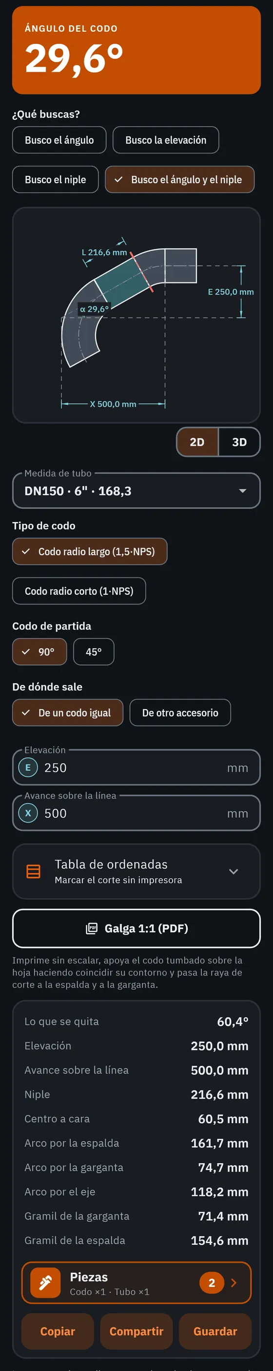 Pantalla de GeoMont «Desvíos · Desvío con codo cortado», con el tema oscuro: un desvío con codo cortado dibujado con su ángulo, su niple, su elevación y su avance, y el resultado, ángulo del codo.