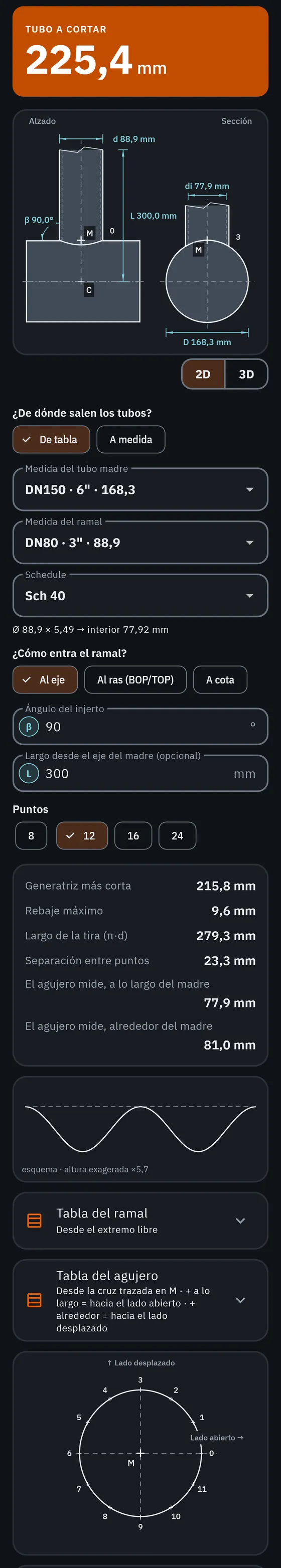 Pantalla de GeoMont «Injertos · Tubo a tubo», con el tema oscuro: alzado y sección de un injerto sobre el tubo madre, con sus cotas, y el resultado, tubo a cortar.