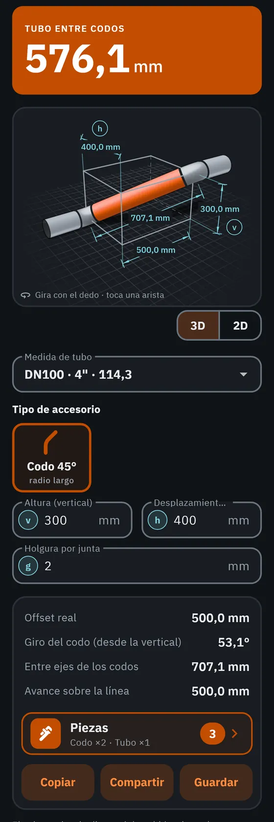Pantalla de GeoMont «Tubería · Codo girado», con el tema oscuro: un tubo entre dos codos de 45° dentro de una caja en 3D, con sus cotas, y el resultado, tubo entre codos.