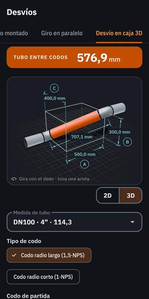 Pantalla de GeoMont «Desvíos · Desvío en caja 3D», con el tema oscuro: la vista 3D de un desvío dentro de su caja, con sus tres medidas.