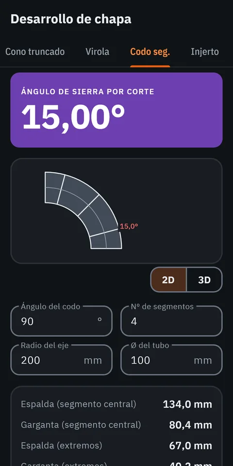 Pantalla de GeoMont «Desarrollo de chapa · Codo seg.», con el tema oscuro: un codo de 90° hecho con cuatro gajos y el resultado, ángulo de sierra por corte.