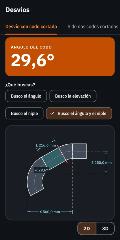 Pantalla de GeoMont «Desvíos · Desvío con codo cortado», con el tema oscuro: un desvío con codo cortado dibujado con su ángulo, su niple, su elevación y su avance, y el resultado, ángulo del codo.