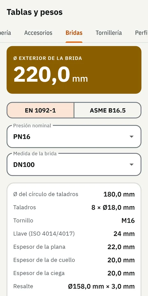 Pantalla de GeoMont «Tablas y pesos · Bridas», con el tema claro: las medidas de una brida DN100 PN16 según EN 1092-1.