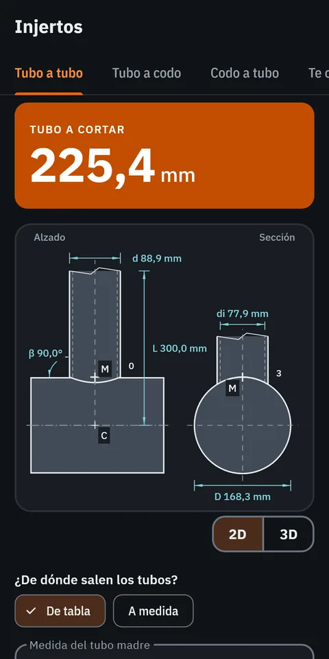 Pantalla de GeoMont «Injertos · Tubo a tubo», con el tema oscuro: alzado y sección de un injerto sobre el tubo madre, con sus cotas, y el resultado, tubo a cortar.