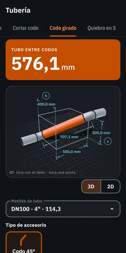 Pantalla de GeoMont «Tubería · Codo girado», con el tema oscuro: un tubo entre dos codos de 45° dentro de una caja en 3D, con sus cotas, y el resultado, tubo entre codos.