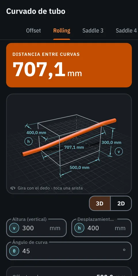Pantalla de GeoMont «Curvado de tubo · Rolling», con el tema oscuro: un offset girado dentro de una caja en 3D, con sus cotas, y el resultado, distancia entre curvas.