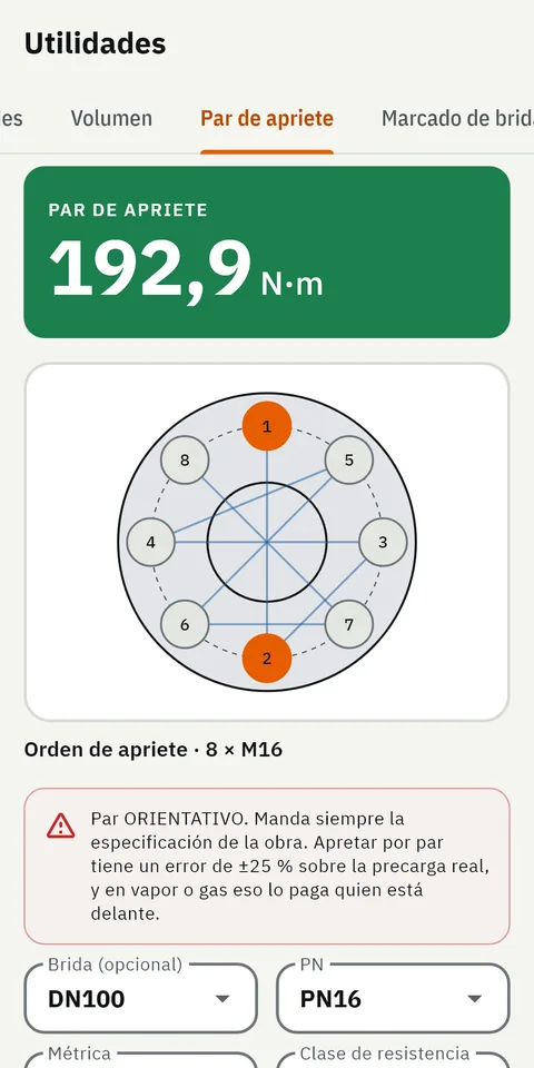 Pantalla de GeoMont «Utilidades · Par de apriete», con el tema claro: el orden de apriete de una brida de ocho tornillos y el resultado, par de apriete.