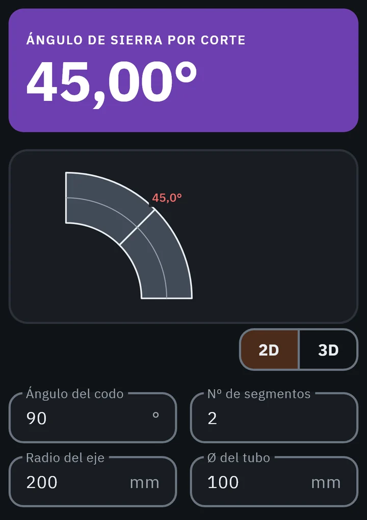 Pantalla de GeoMont «Desarrollo de chapa · Codo seg.», con el tema oscuro y 2 segmentos: el ángulo de sierra por corte, el codo dibujado con sus gajos y los campos con los datos.