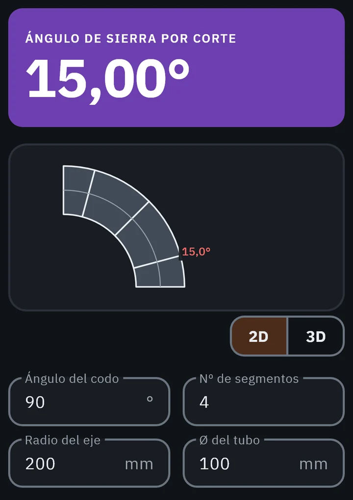 Pantalla de GeoMont «Desarrollo de chapa · Codo seg.», con el tema oscuro y 4 segmentos: el ángulo de sierra por corte, el codo dibujado con sus gajos y los campos con los datos.