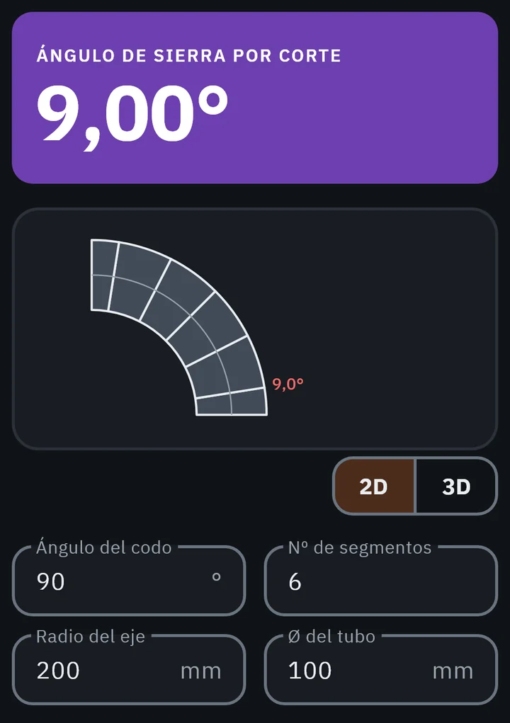 Pantalla de GeoMont «Desarrollo de chapa · Codo seg.», con el tema oscuro y 6 segmentos: el ángulo de sierra por corte, el codo dibujado con sus gajos y los campos con los datos.
