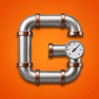 GeoMont app icon: a letter G made of steel pipe, with a pressure gauge, on an orange background